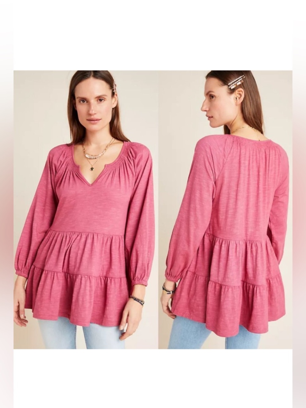 Anthropologie Maeve Isola Tiered Babydoll Top Rose Pink‎ XS Ruffle Bohemian